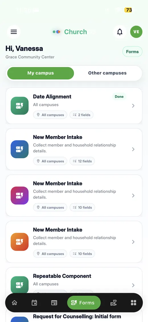 ChurchQ mobile forms screen